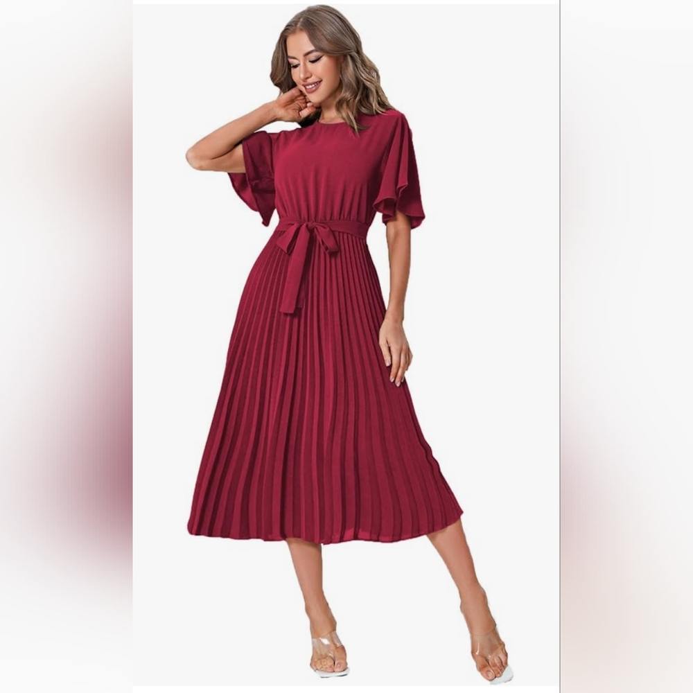 Women’s Burgundy Pleated Midi Dress with Tie Waist